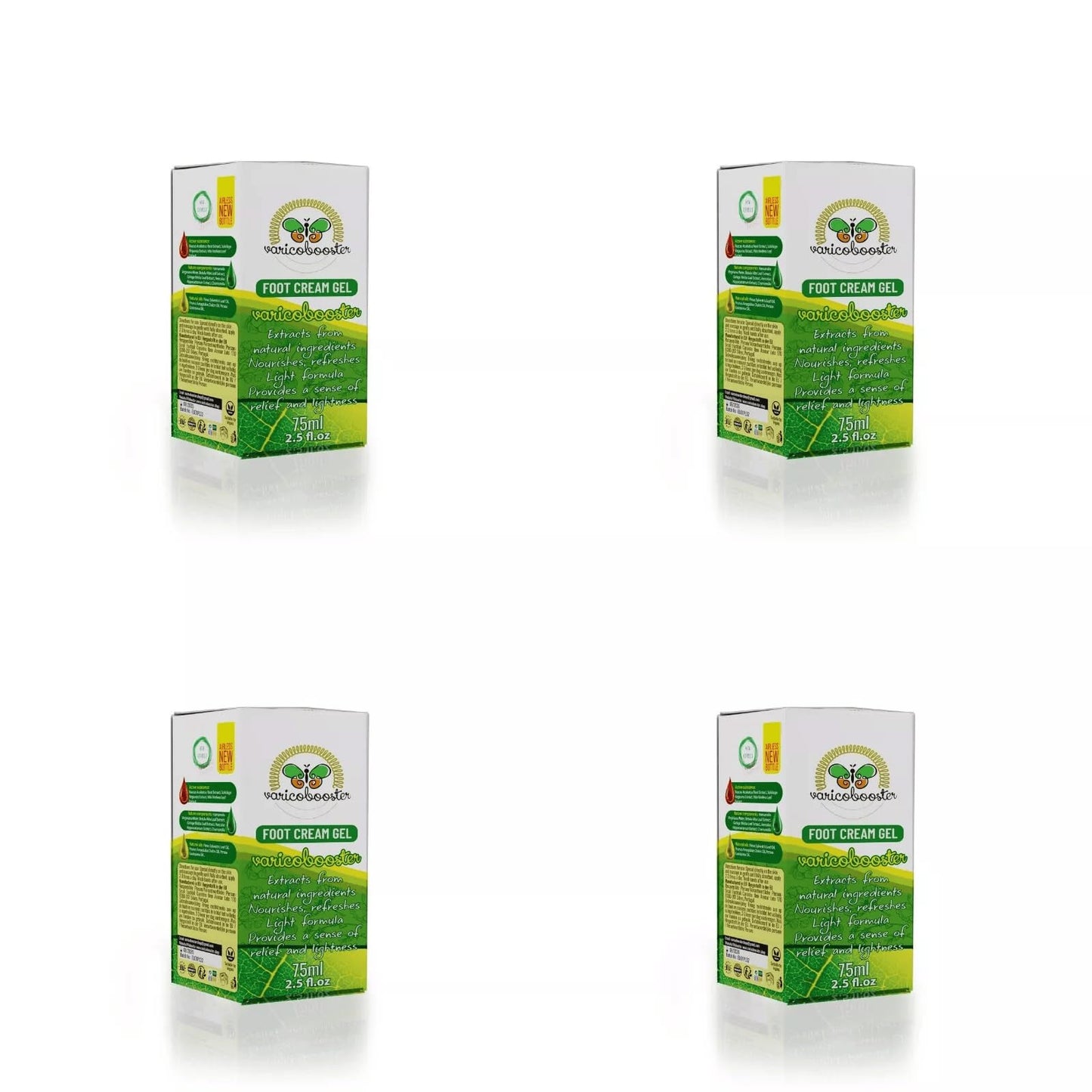 VARICOBOOSTER Fußgel-Creme 4x75ml, über 25 sorgfältig ausgewählte Inhaltsstoffe, neue verbesserte Formel auf Basis natürlicher Komponenten, mit innovativer Airless-Flasche, Varico Booster