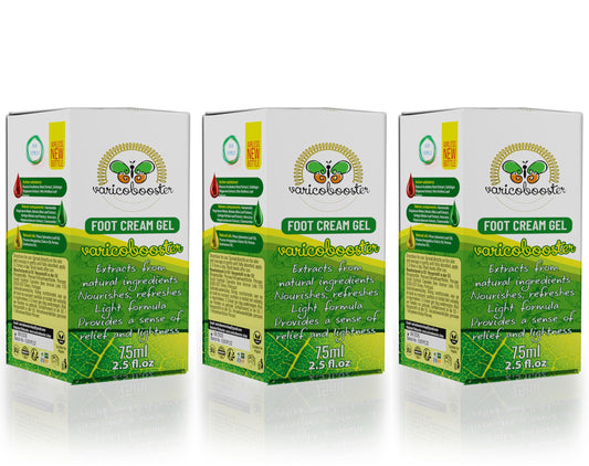 VARICOBOOSTER Gel-Fußcreme, 3 x 75 ml, über 25 sorgfältig ausgewählte Inhaltsstoffe, neue verbesserte Formel für Füße auf Basis natürlicher Komponenten, Nova Botea Airless-Pumpe