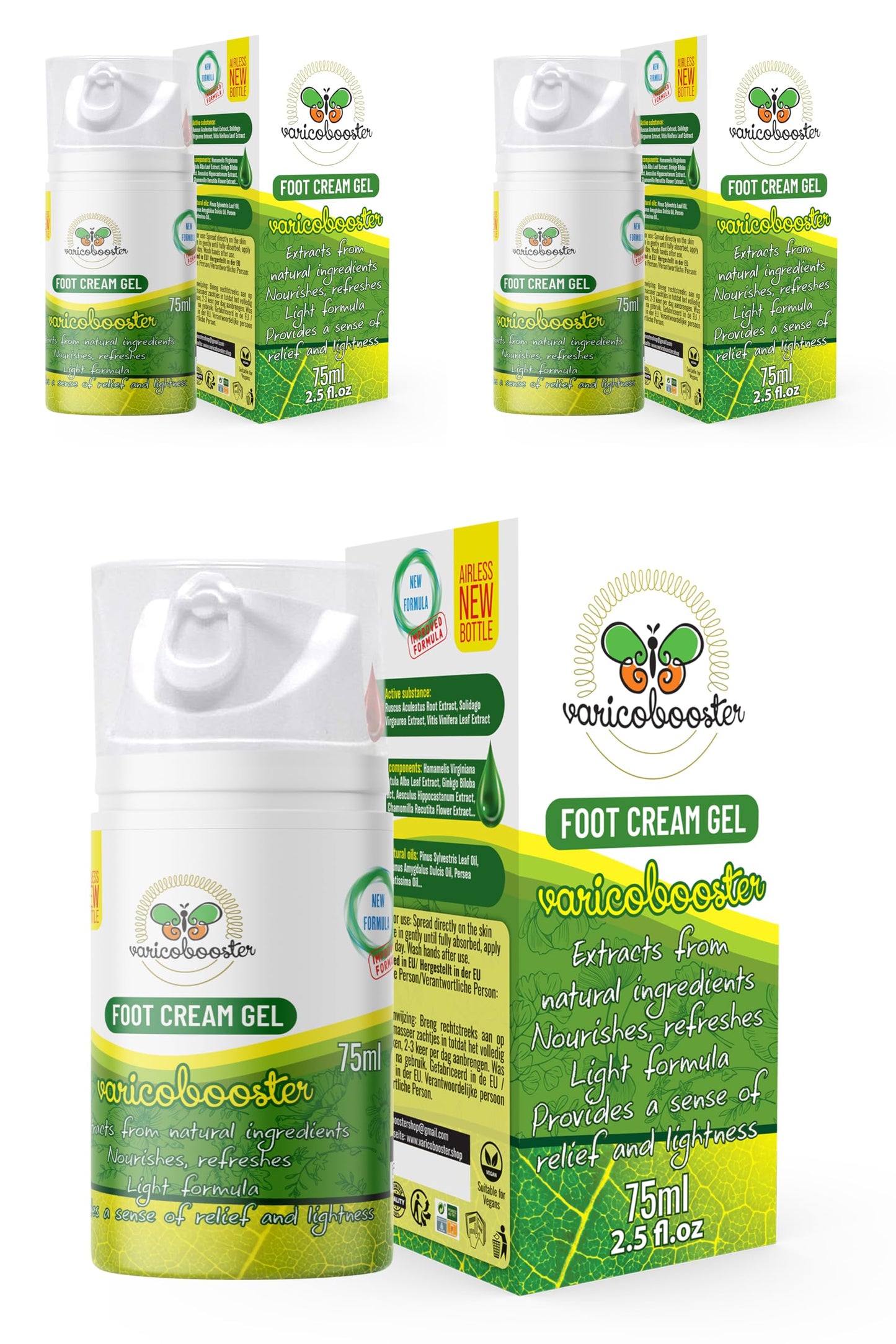 VARICOBOOSTER Gel-Fußcreme, 3 x 75 ml, über 25 sorgfältig ausgewählte Inhaltsstoffe, neue verbesserte Formel für Füße auf Basis natürlicher Komponenten, Nova Botea Airless-Pumpe