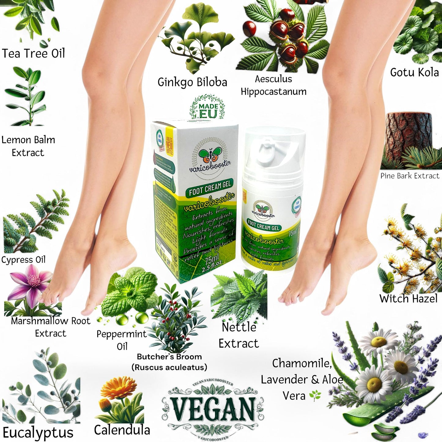 VARICOBOOSTER Gel-Fußcreme, 2 x 75 ml, über 25 sorgfältig ausgewählte Inhaltsstoffe, neue verbesserte Formel auf Basis natürlicher Komponenten, Nova Botea Airless-Pumpe