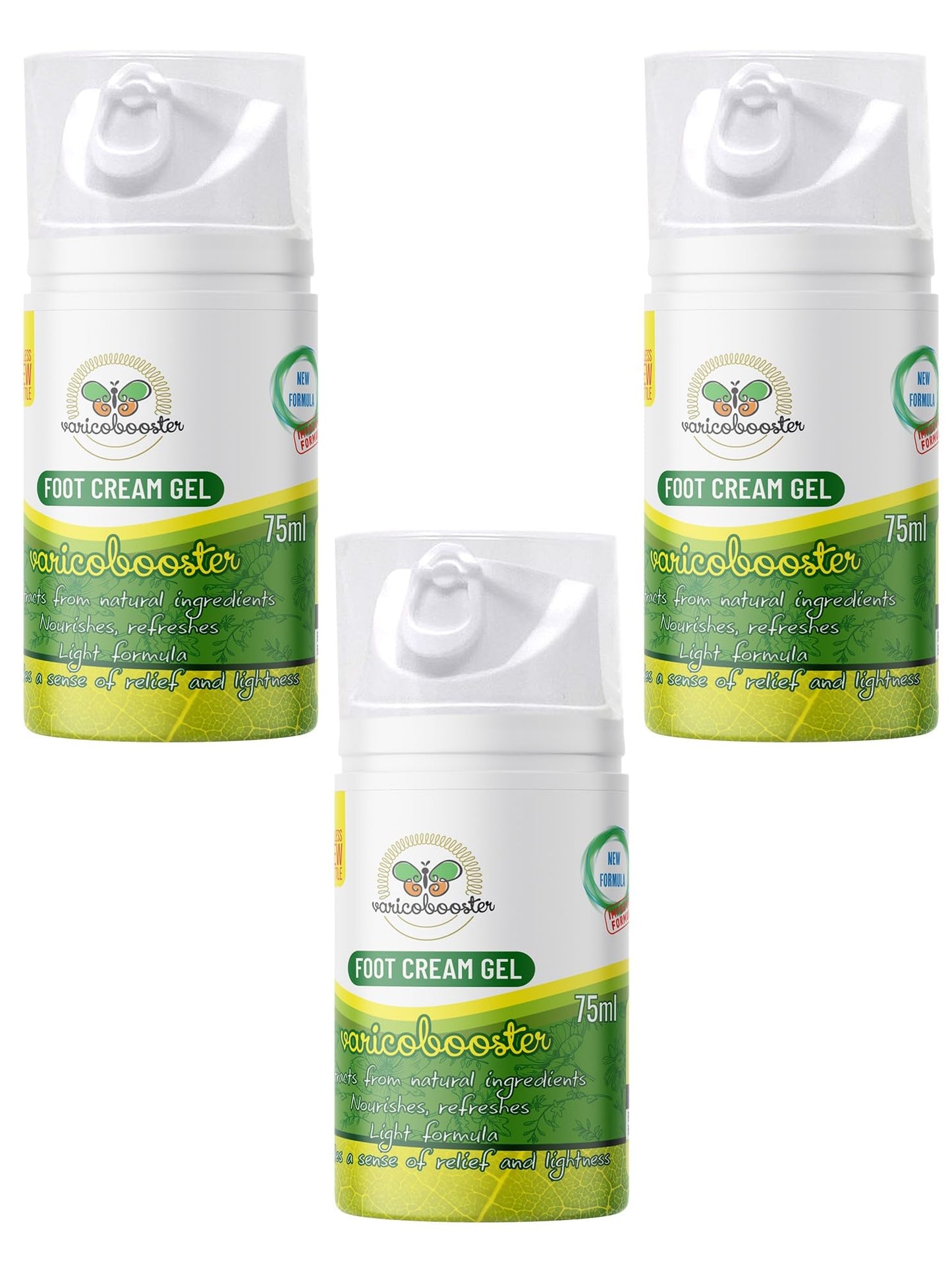 VARICOBOOSTER Gel-Fußcreme, 3 x 75 ml, über 25 sorgfältig ausgewählte Inhaltsstoffe, neue verbesserte Formel für Füße auf Basis natürlicher Komponenten, Nova Botea Airless-Pumpe