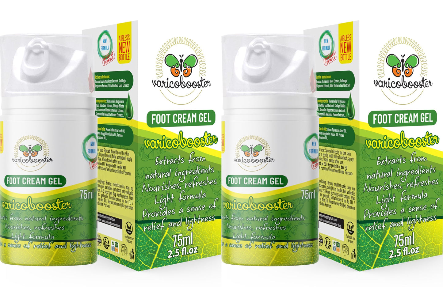 VARICOBOOSTER Gel-Fußcreme, 2 x 75 ml, über 25 sorgfältig ausgewählte Inhaltsstoffe, neue verbesserte Formel auf Basis natürlicher Komponenten, Nova Botea Airless-Pumpe