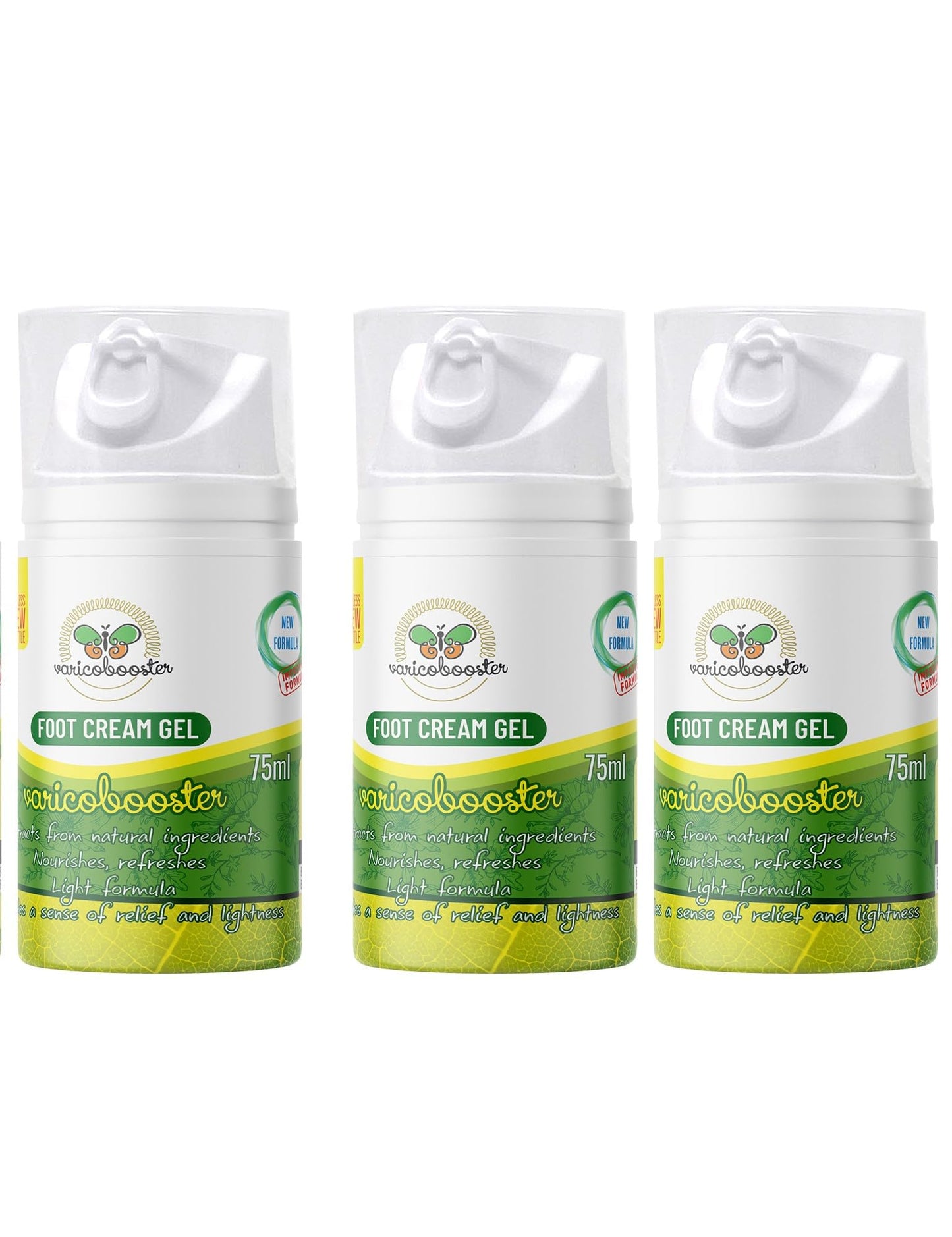 VARICOBOOSTER Gel-Fußcreme, 3 x 75 ml, über 25 sorgfältig ausgewählte Inhaltsstoffe, neue verbesserte Formel für Füße auf Basis natürlicher Komponenten, Nova Botea Airless-Pumpe