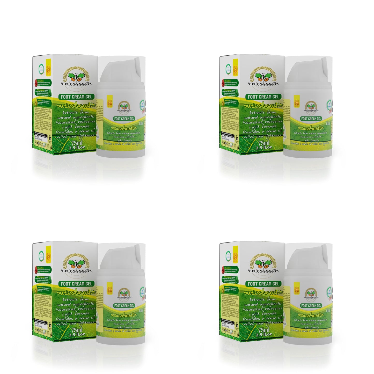 VARICOBOOSTER Fußgel-Creme 4x75ml, über 25 sorgfältig ausgewählte Inhaltsstoffe, neue verbesserte Formel auf Basis natürlicher Komponenten, mit innovativer Airless-Flasche, Varico Booster