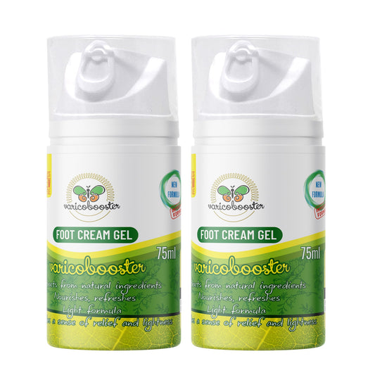VARICOBOOSTER Gel-Fußcreme, 2 x 75 ml, über 25 sorgfältig ausgewählte Inhaltsstoffe, neue verbesserte Formel auf Basis natürlicher Komponenten, Nova Botea Airless-Pumpe